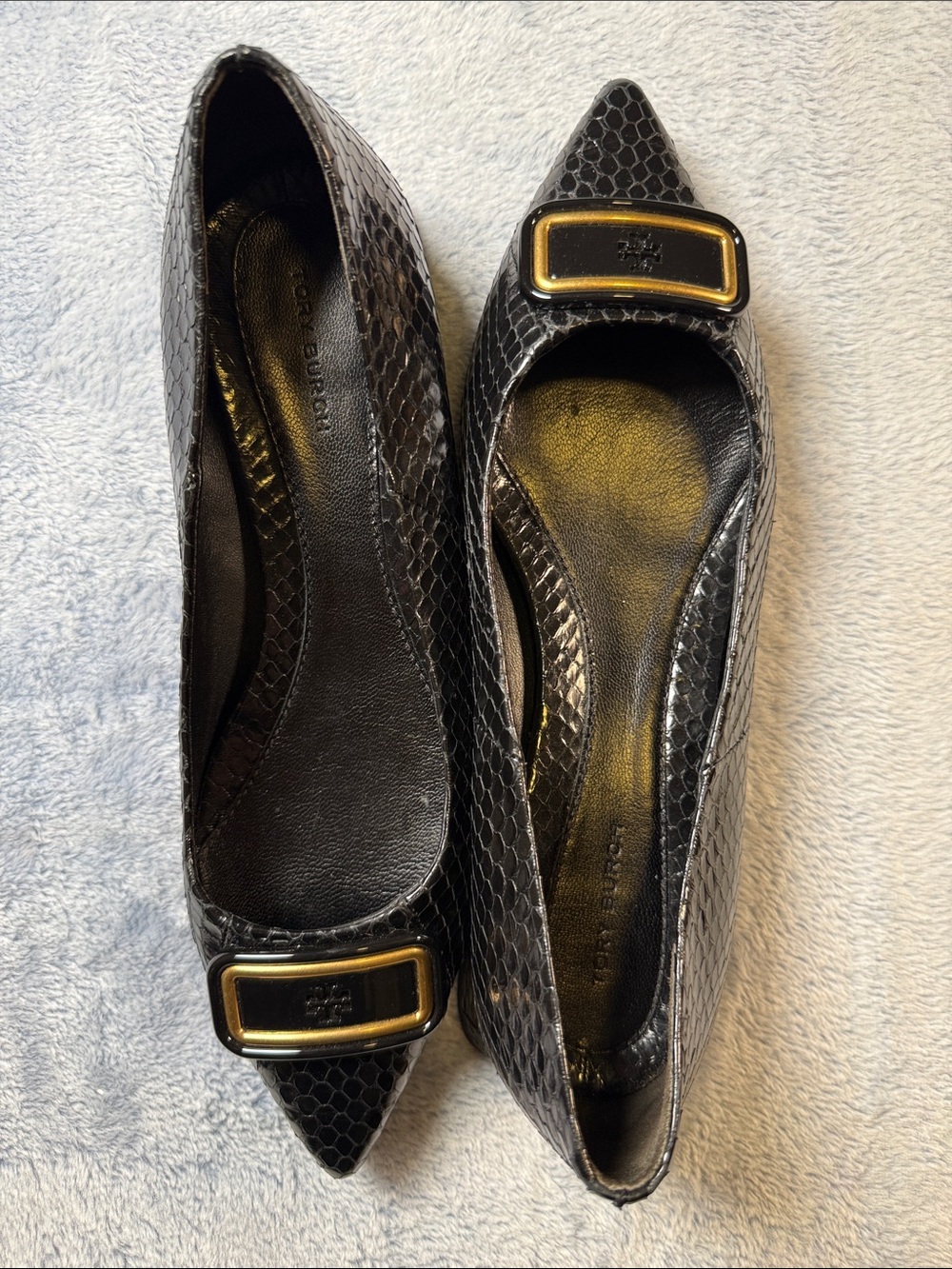 Tory Burch Black Pointed Toe Snake-Embossed Flats with Gold Buckle